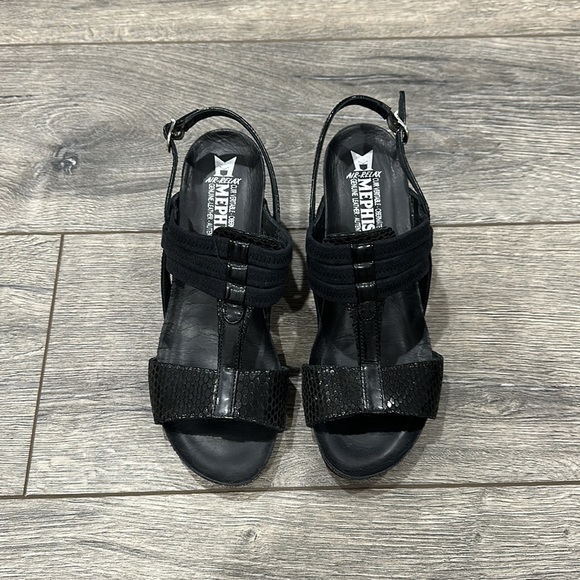 • Mephisto • Open Toe Wedge Sandals Black Leather 38 Women’s - Picture 2 of 4
